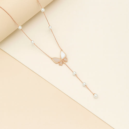 Rose Gold Cheerful Butterfly Pendant Chain With Pearls