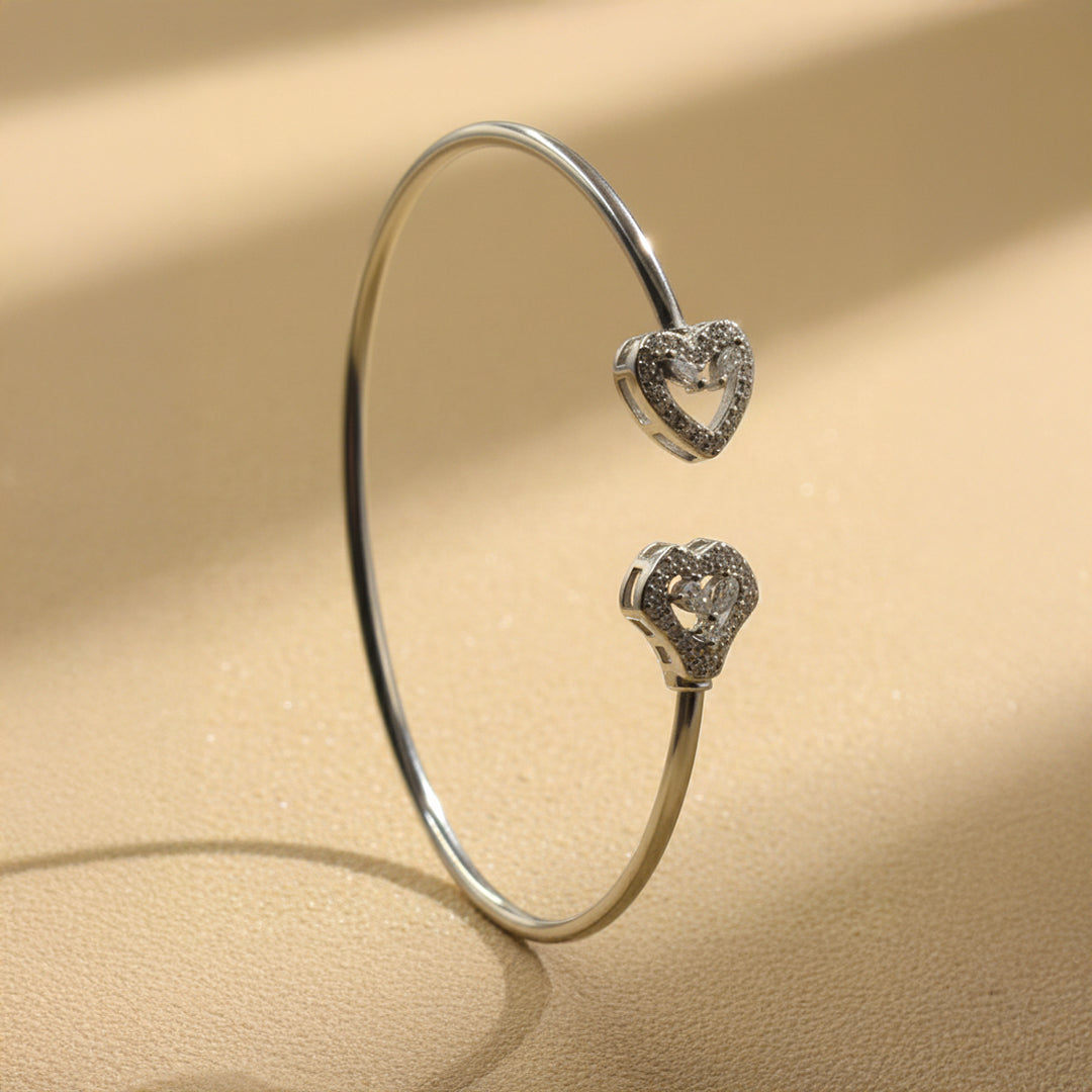 Sterling Silver Adjustable Heart and Floral Open Bangle with CZ Stones