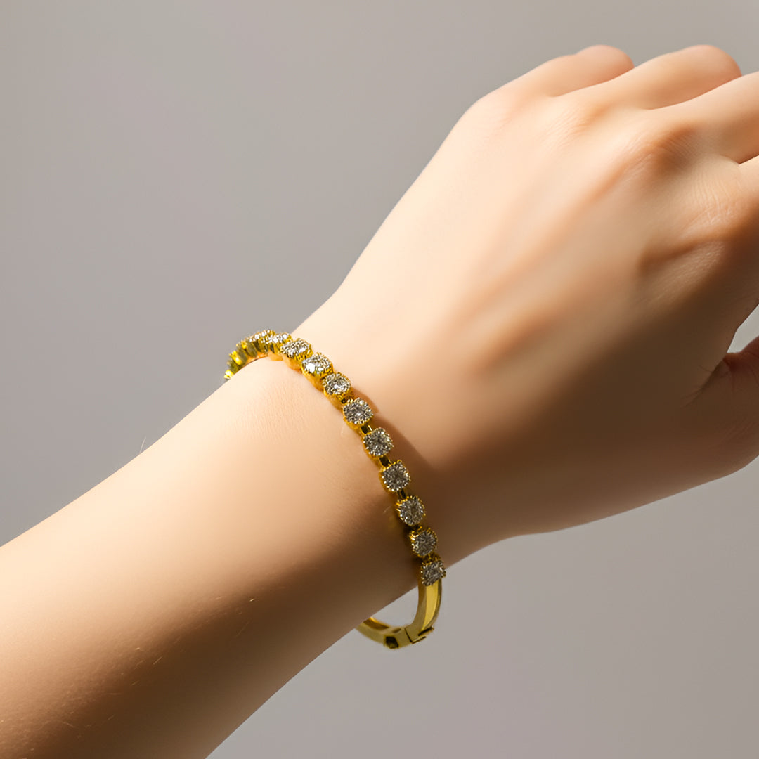 92.5 Silver Golden Bangle with Brilliant White Stones