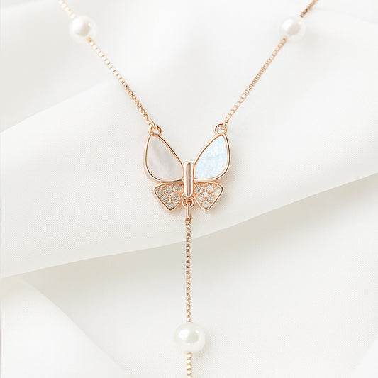 Rose Gold Cheerful Butterfly Pendant Chain With Pearls