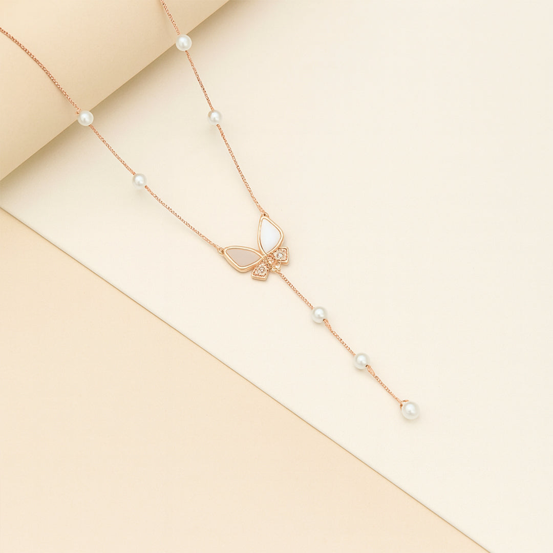 Rose Gold Cheerful Butterfly Pendant Chain With Pearls