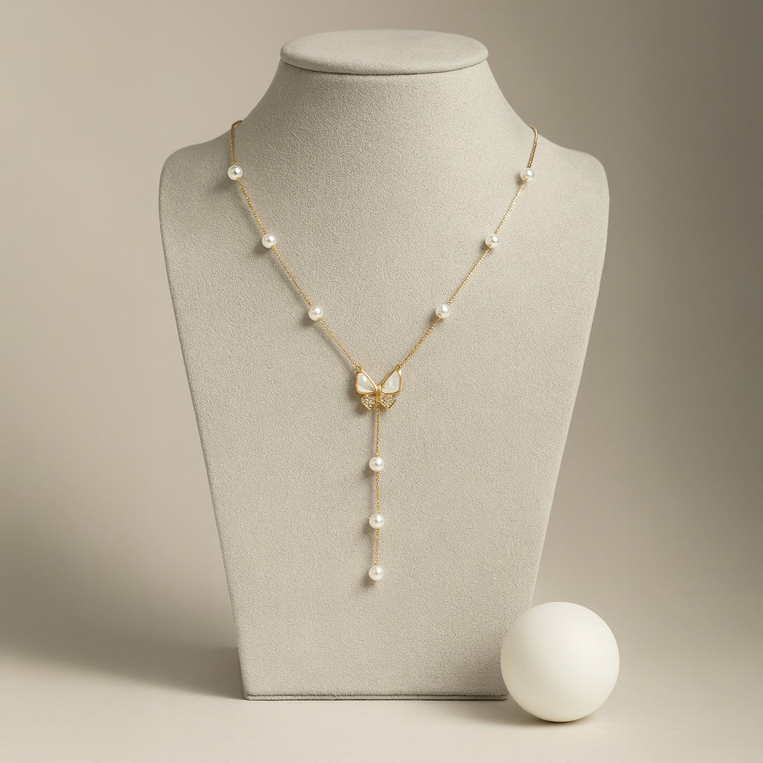 Rose Gold Cheerful Butterfly Pendant Chain With Pearls