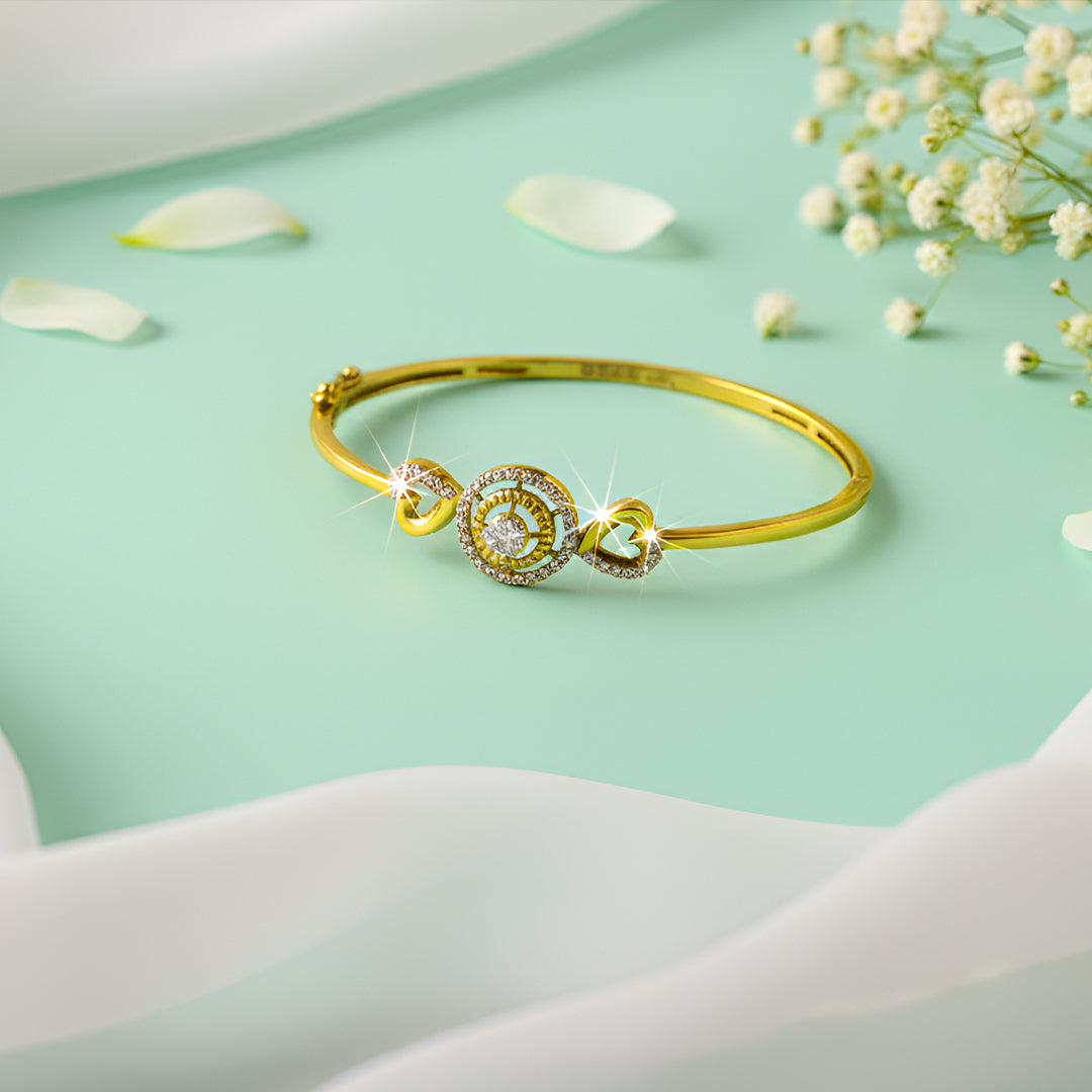 925 Silver Golden Bangle with Heart Motifs and Stone