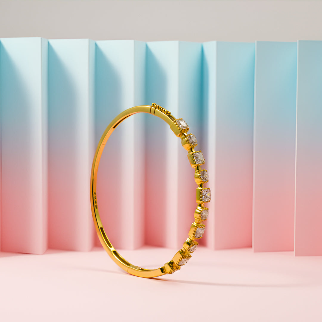 92.5 Silver Golden Bangle with Brilliant White Stones