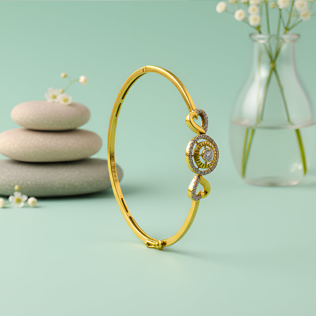 925 Silver Golden Bangle with Heart Motifs and Stone