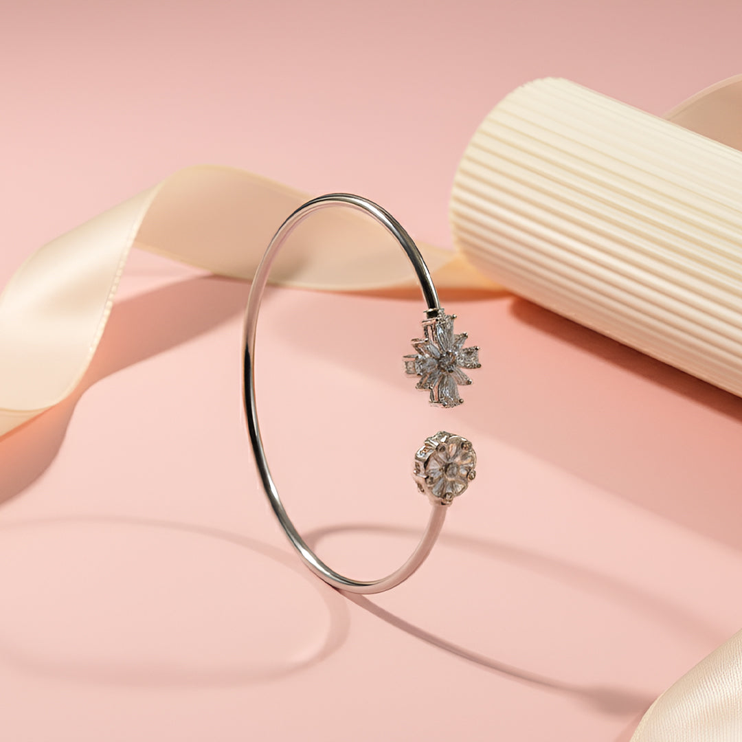 Sterling Silver Adjustable Floral Open Bangle with CZ Stones