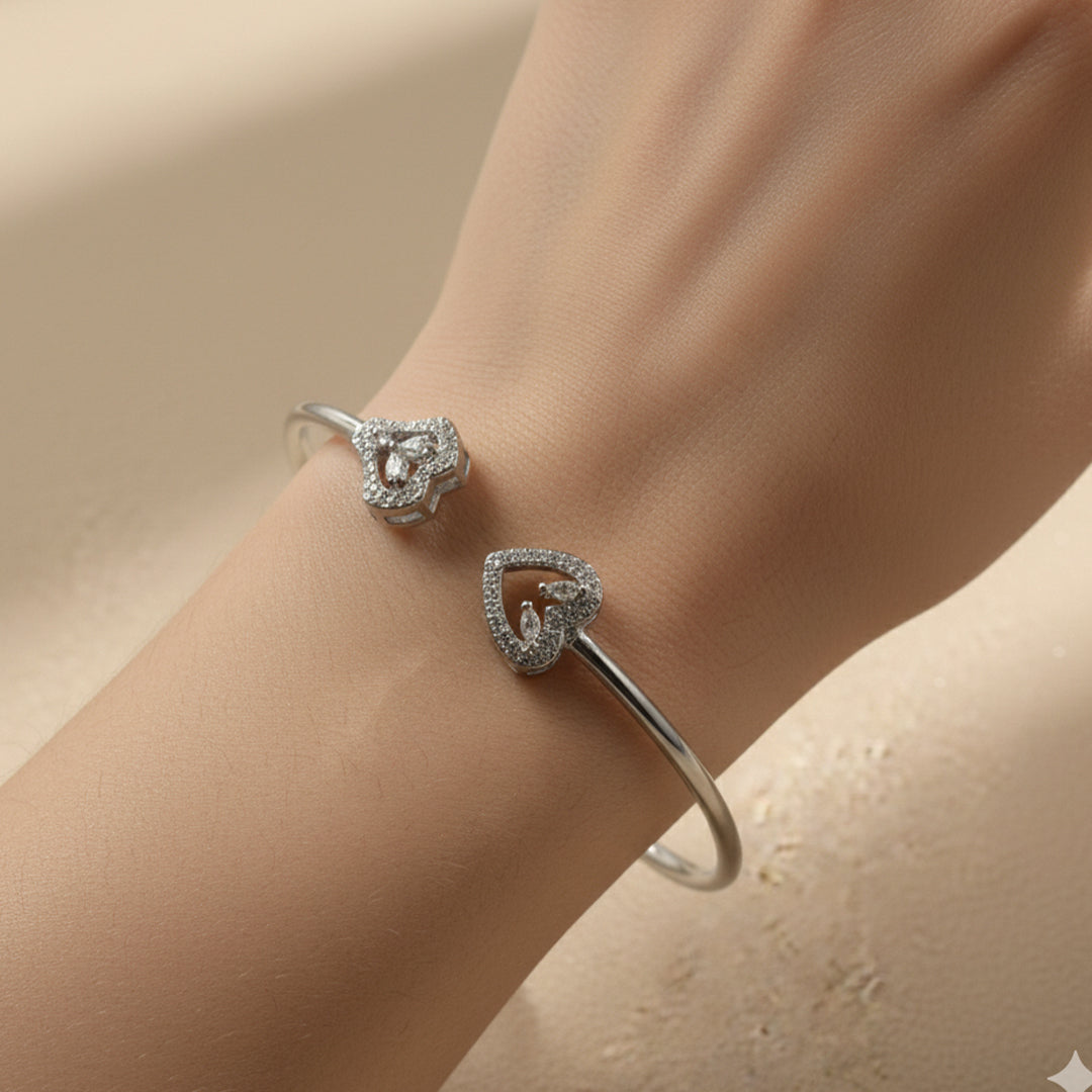Sterling Silver Adjustable Heart and Floral Open Bangle with CZ Stones