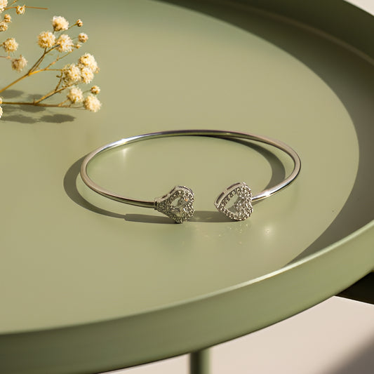 Sterling Silver Adjustable Heart and Floral Open Bangle with CZ Stones