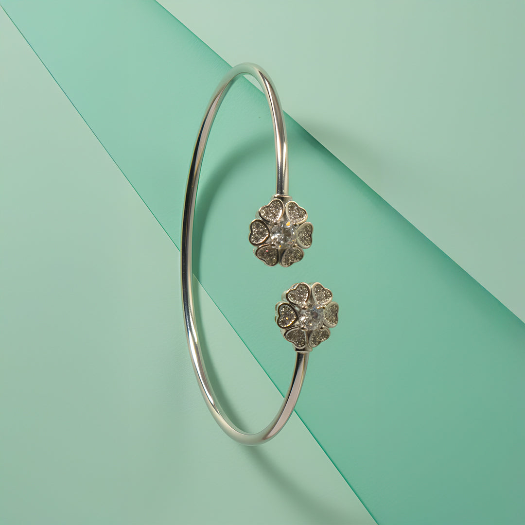 Sterling Silver Adjustable Floral Open Bangle with CZ Stones