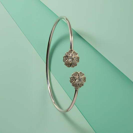 Sterling Silver Adjustable Floral Open Bangle with CZ Stones